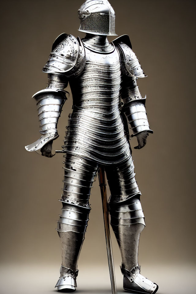 Shining metallic plate armor with visored helmet on neutral background