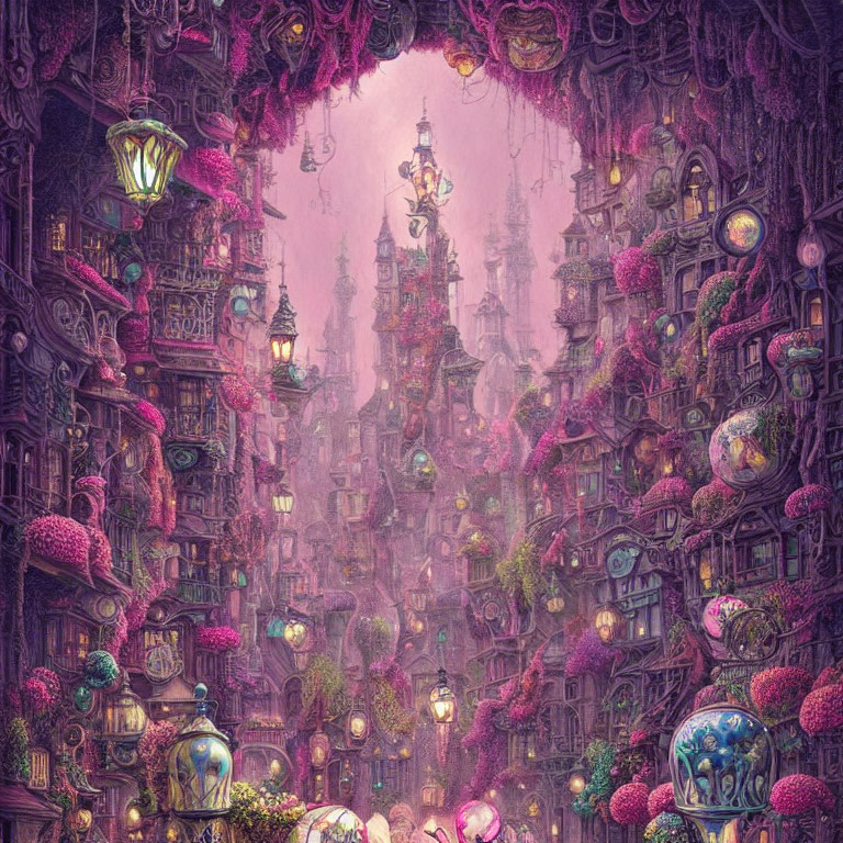 Detailed fantasy cityscape with ornate buildings and floating orbs in a purple-hued environment