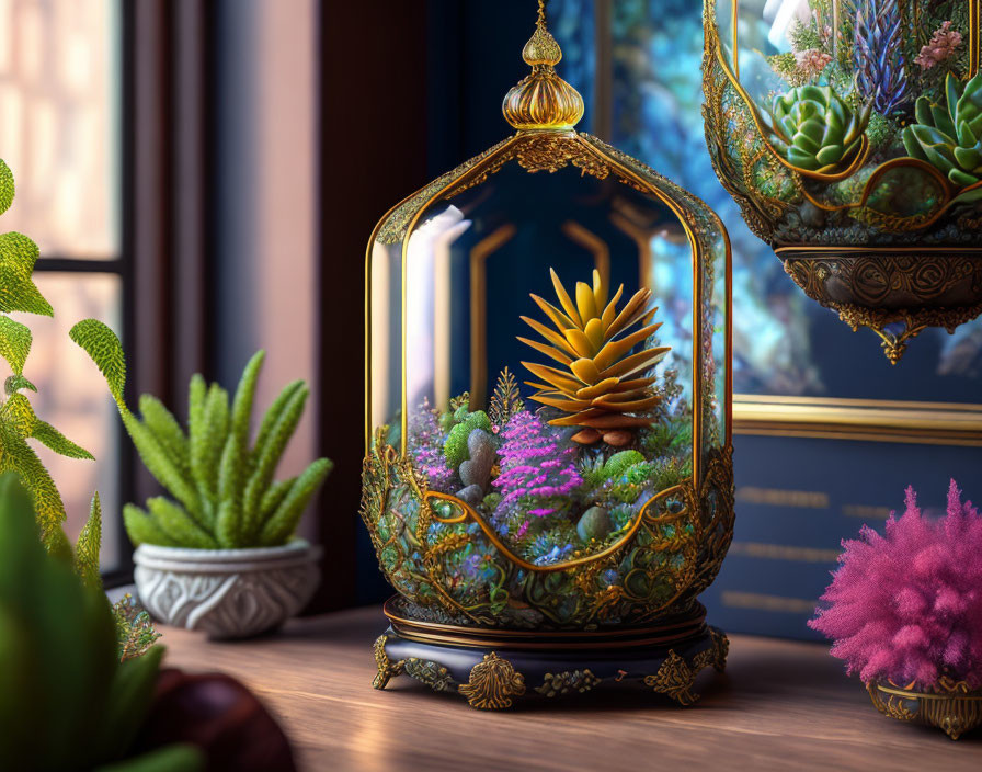 Glass terrarium with succulents and central plant on wooden surface, surrounded by lush houseplants