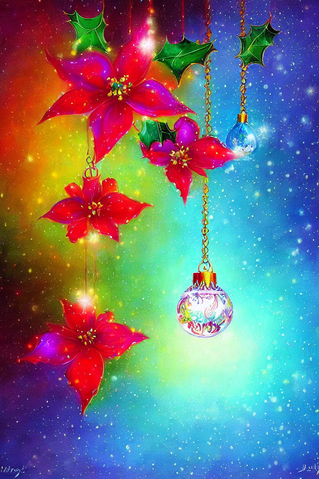 Colorful Christmas Artwork Featuring Poinsettias, Holly Leaves, Ornaments, and Cosmic Background