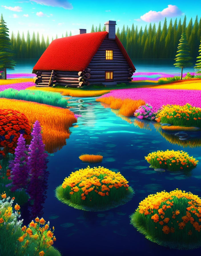 Colorful log cabin surrounded by flower fields, blue river, and lush forest