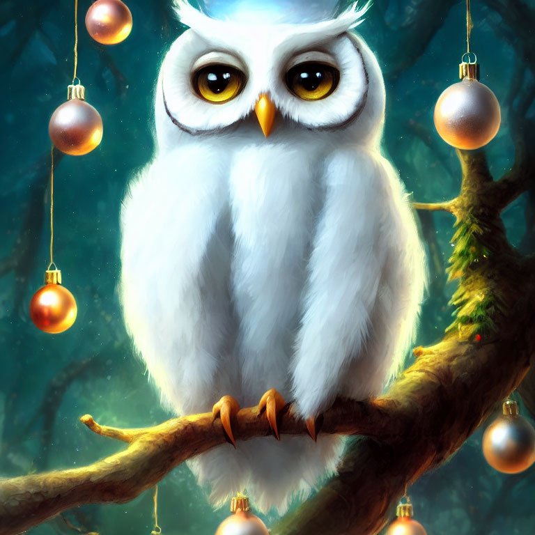 White Owl with Yellow Eyes on Branch with Christmas Ornaments in Mystical Blue Forest