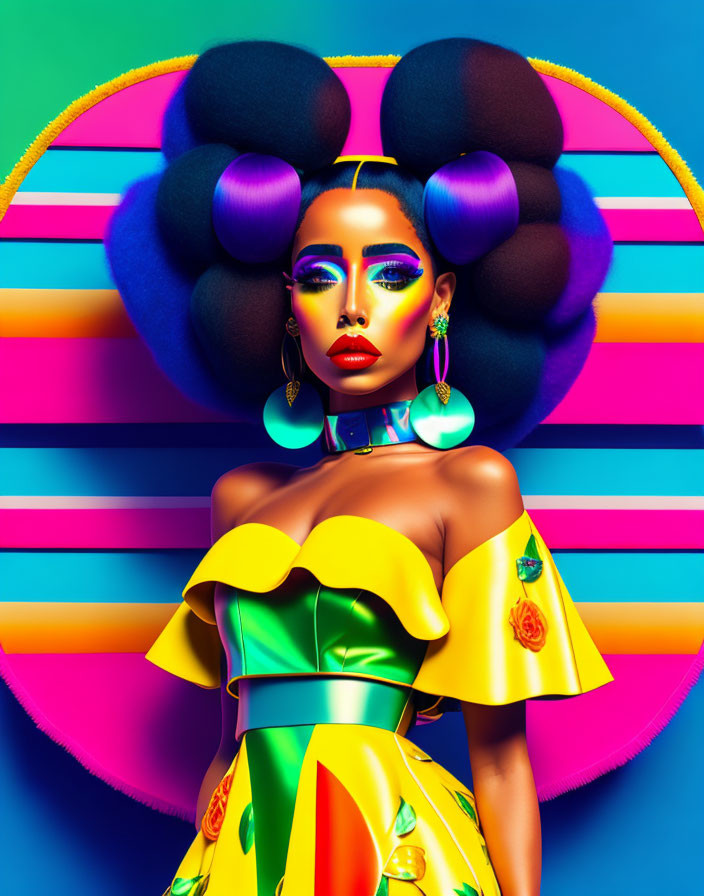 Colorful digital artwork of a woman with exaggerated features and multi-puff hair