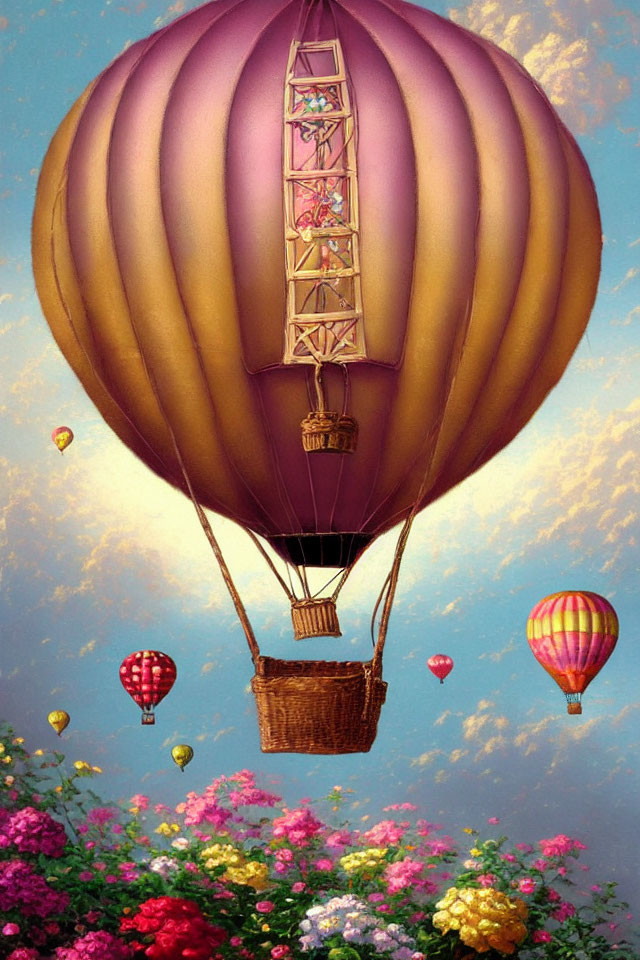 Purple Hot Air Balloon Floats Over Colorful Flowers and Sky