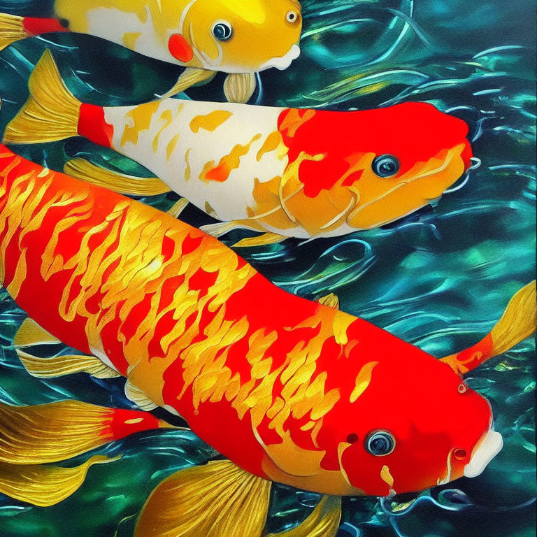 Colorful painting of three koi fish in blue water