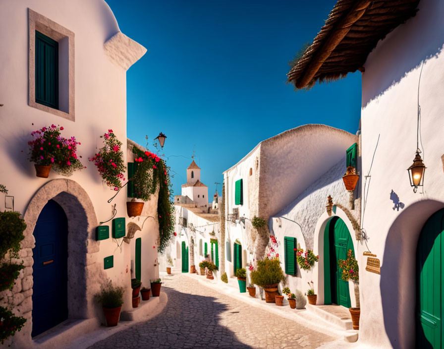 Whitewashed Buildings, Blue and Green Doors, Flower Pots, Cobblestone Street in