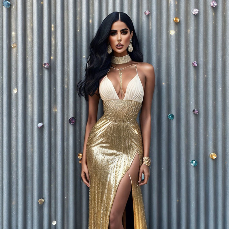 Elegant woman in gold sequined gown against jeweled backdrop