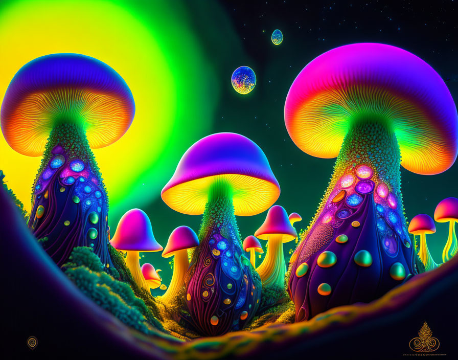 Colorful Psychedelic Mushroom Art Under Neon Sky