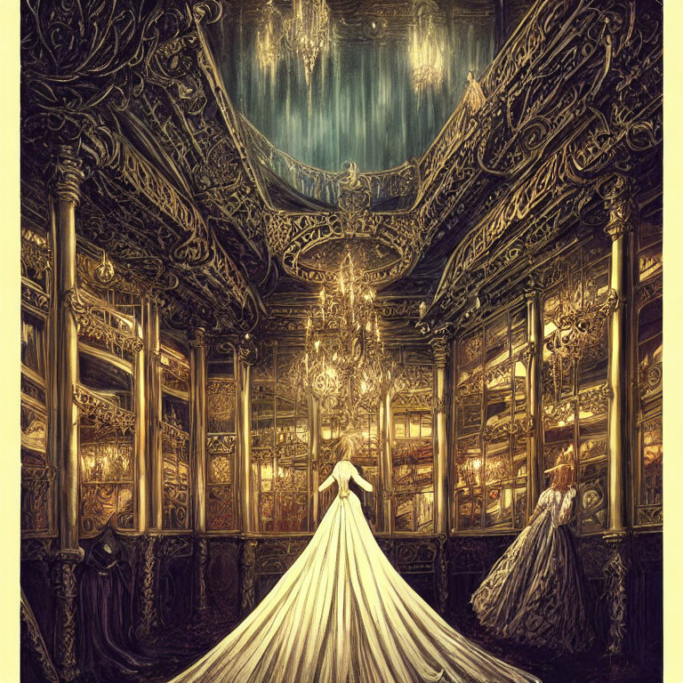 Elegant figure in white dress in golden ballroom with chandelier & observer