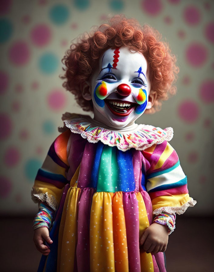 Colorful Clown with Red Curly Hair and Face Paint on Polka Dot Background