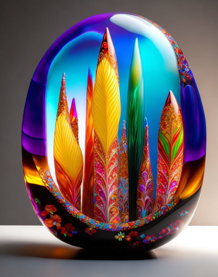 Colorful Glass Paperweight with Feather-Like Patterns in Orange, Yellow, Purple, and Blue