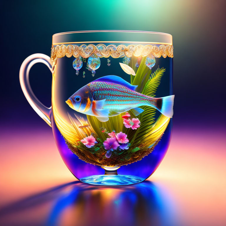 Colorful Fish and Flowers in Ornate Glass Cup Under Decorative Lighting