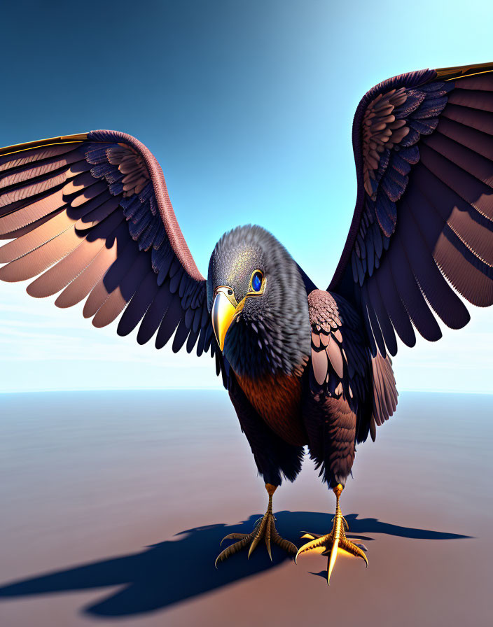 Majestic eagle with spread wings on reflective surface under blue sky