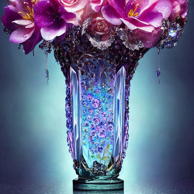 Ornate Vase with Purple and Pink Flowers on Moody Blue Background