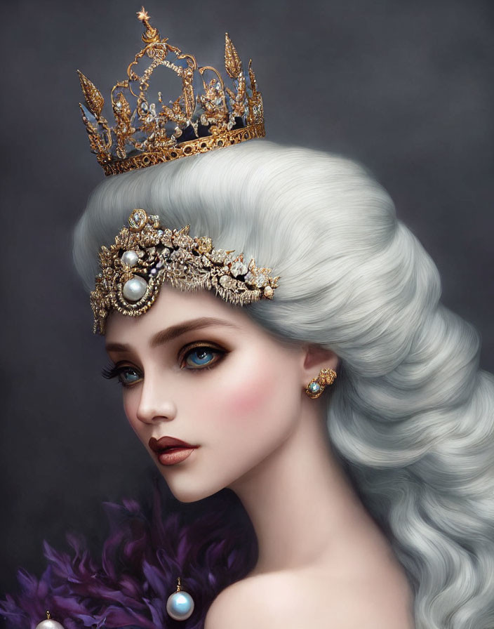 Woman with Striking Blue Eyes in Golden Crown Against Grey Backdrop