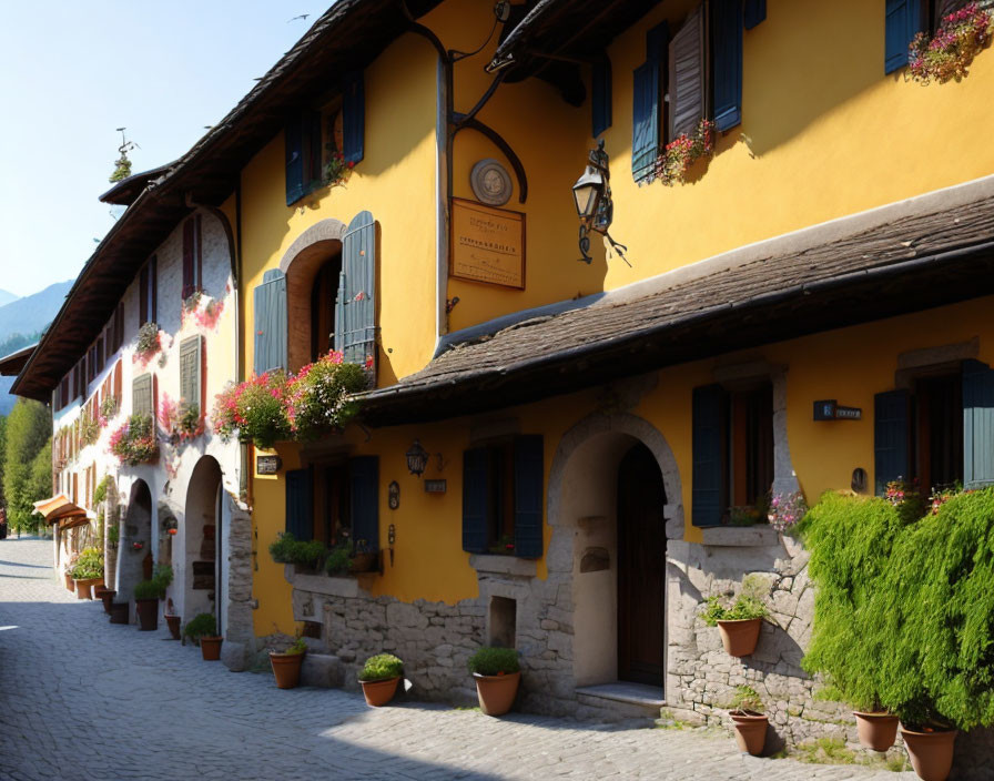 Yellow European-style Building with Flowering Window Boxes on Cobblestone Street