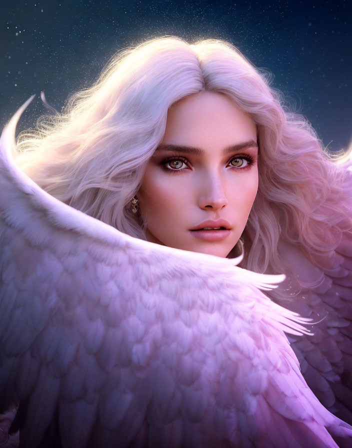 Portrait of a woman with angelic features and white wings in starry sky