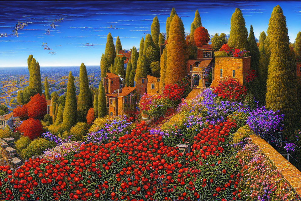 Colorful Landscape Painting with Flowers, Houses, Trees, and Birds