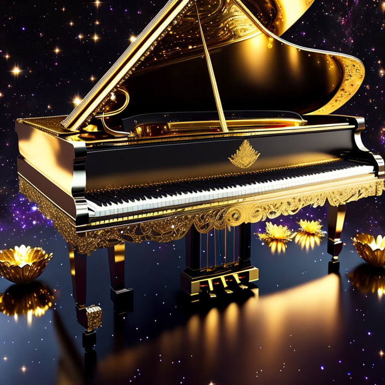 Grand Piano with Gold Accents on Reflective Surface and Golden Flowers