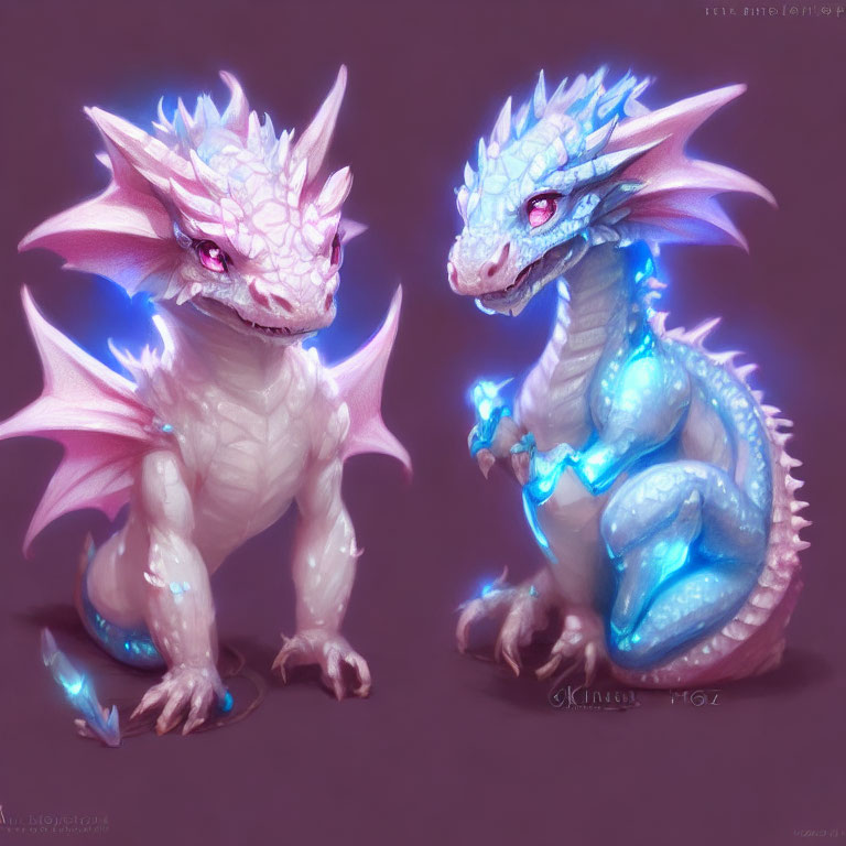 Stylized dragons with pink and blue hues and glowing crystals on purple background