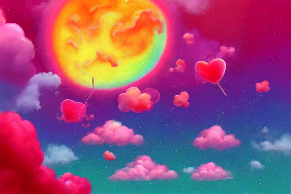 Colorful surreal sky with heart-shaped balloons and swirling rainbow sun