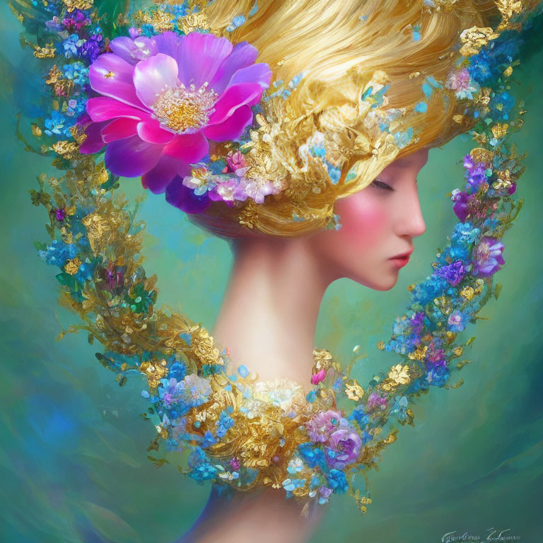 Digital artwork of woman's profile with golden hair and flowers on green backdrop