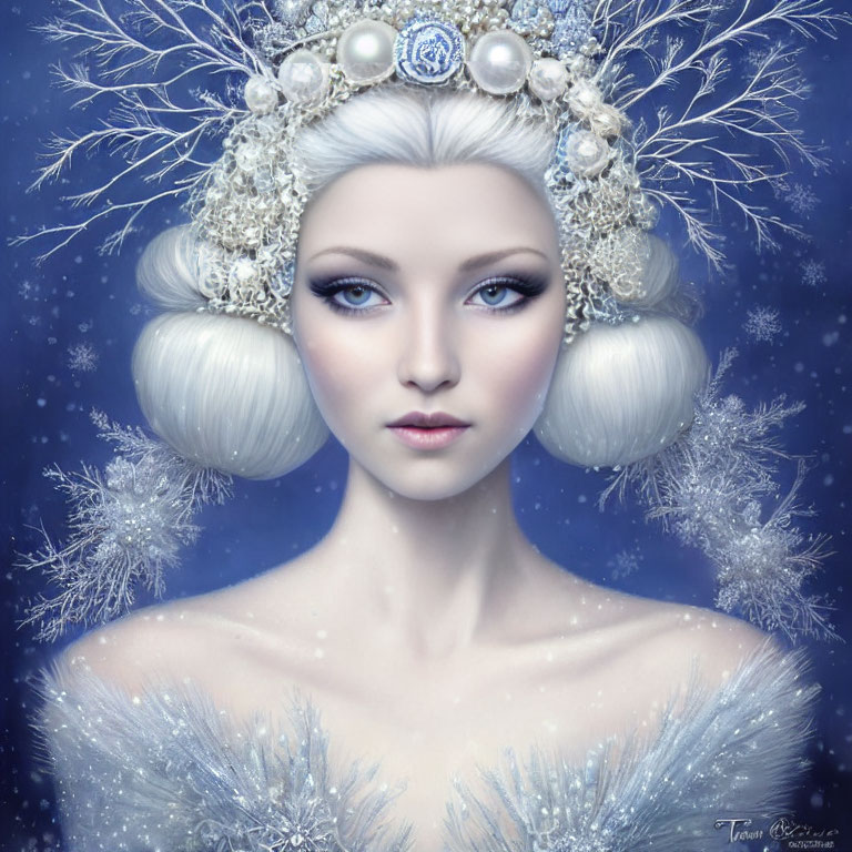 Illustration of woman with pale skin, blue eyes, ornate white hair with pearls and snowfl