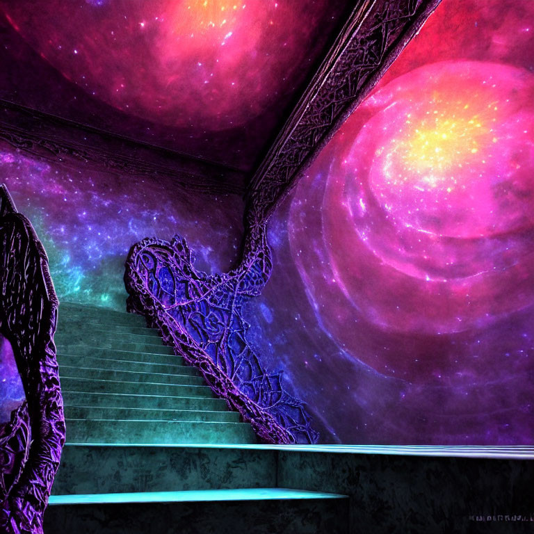 Surreal staircase with ornate railings against cosmic nebula backdrop