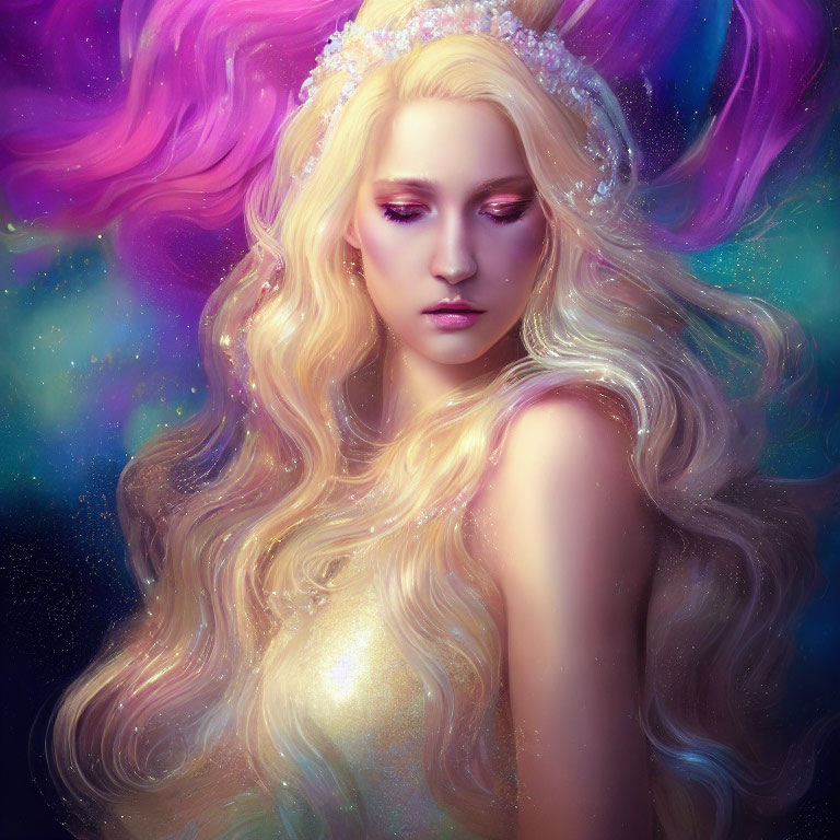 Fantasy portrait of woman with blond hair and jeweled headpiece in cosmic setting