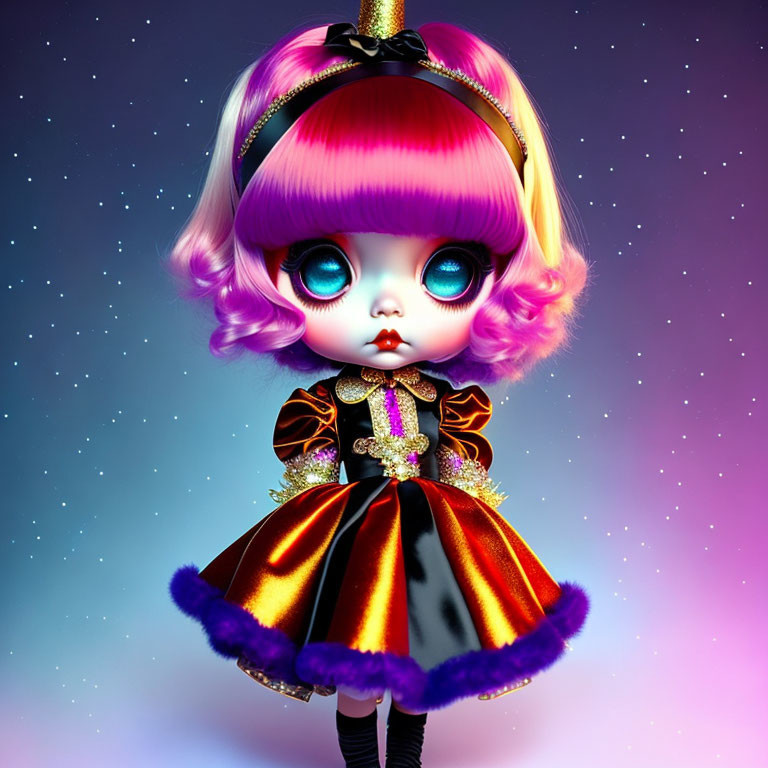 Colorful Doll with Blue Eyes and Purple Hair in Black and Gold Dress on Starry Background