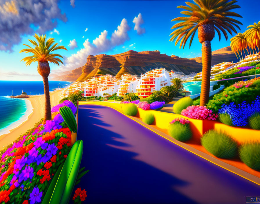 Tropical coastal landscape with palm trees, colorful flowers, white buildings, and beach.