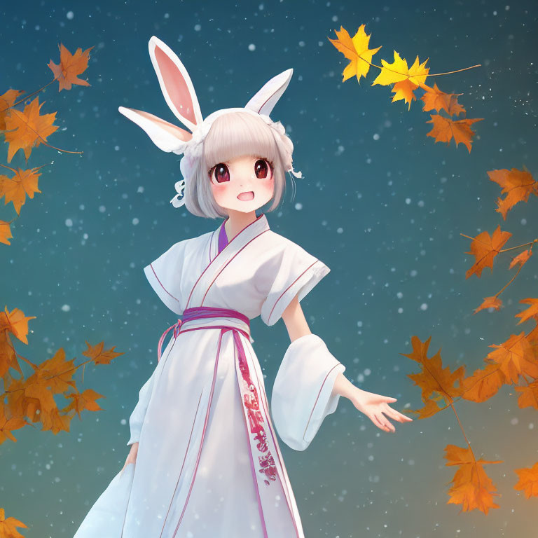 Cheerful animated character in white robe with rabbit ears under starry sky