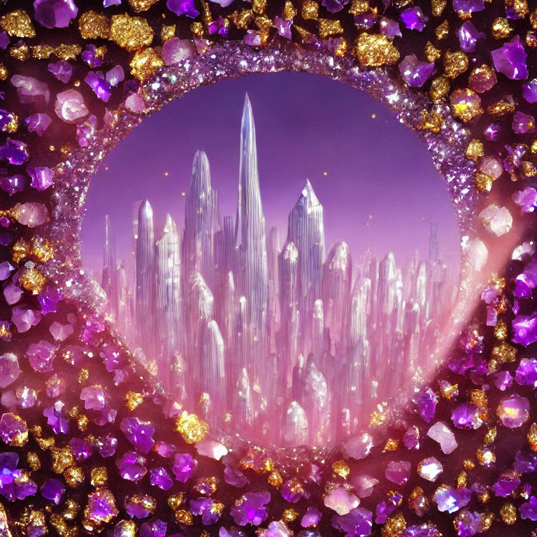 Fantasy Crystal Landscape with Purple and Clear Spires in Heart-Shaped Frame