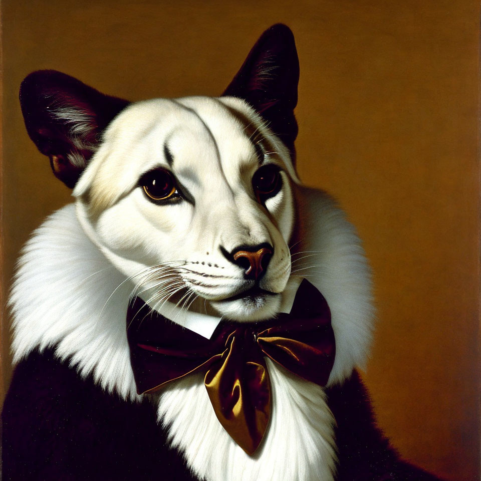 Anthropomorphic feline in formal attire on gold backdrop