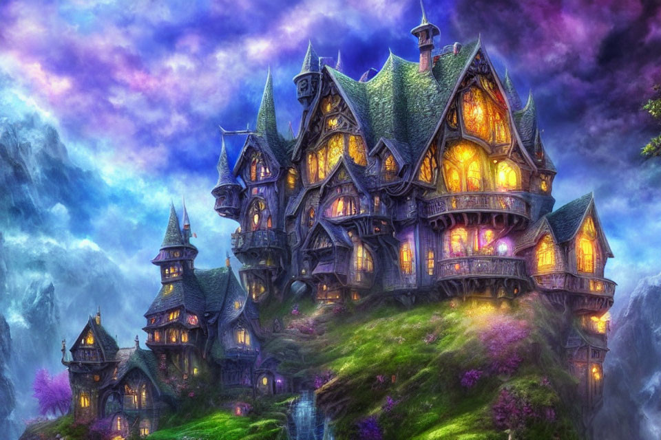 Enchanted multi-turreted mansion in twilight setting surrounded by purple flora