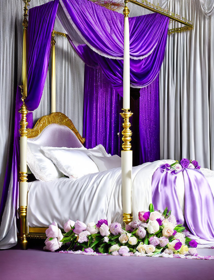 Opulent bedroom with golden-framed bed, white linens, purple drapes, and colorful flower