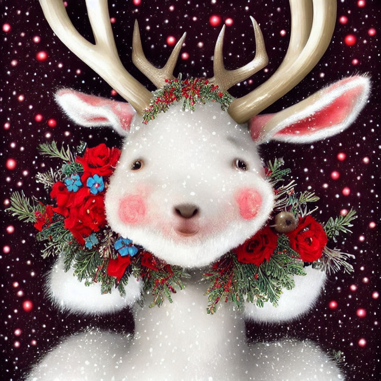 Smiling white reindeer with festive antlers in snowy scene