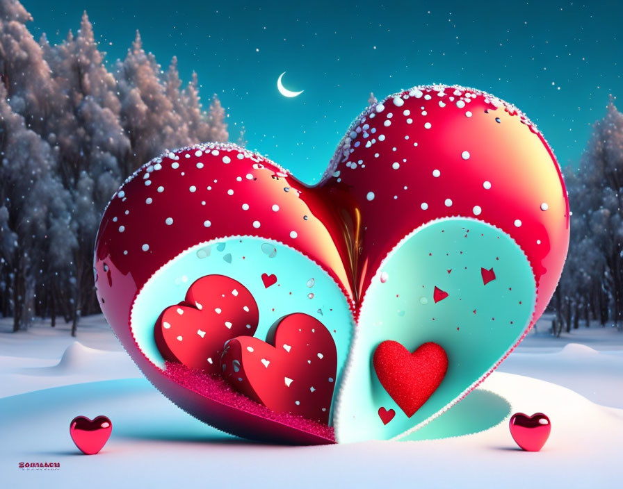 Colorful Heart-Shaped Object in Snowy Landscape with Moon