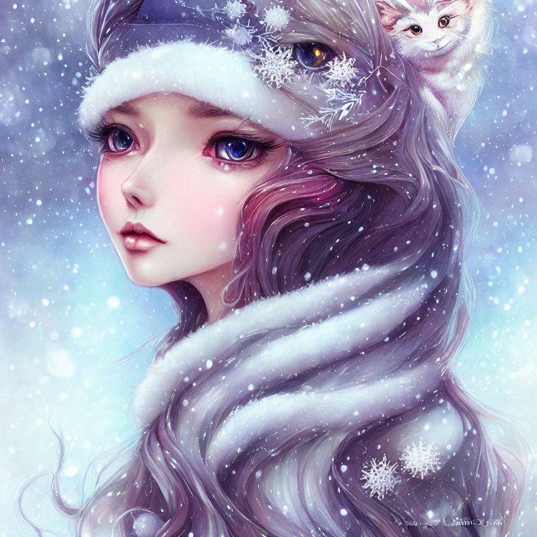 Digital illustration of girl with expressive eyes, winter hat, white kitten, snowflakes