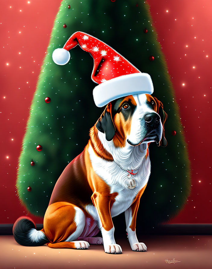 Saint Bernard Dog in Santa Hat by Christmas Tree