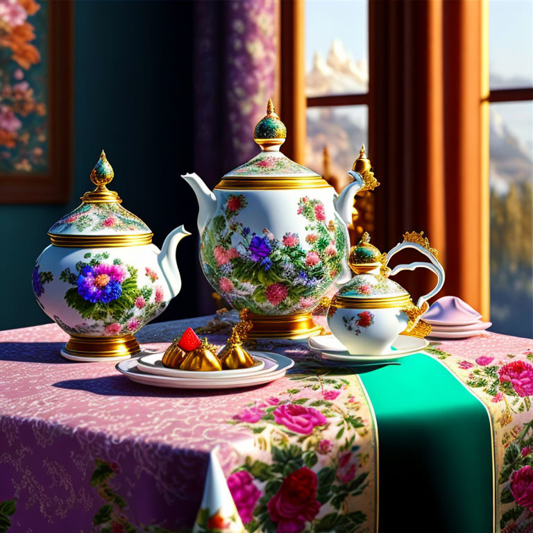 Elegant floral-patterned tea set on table with purple and green cloth by sunny window