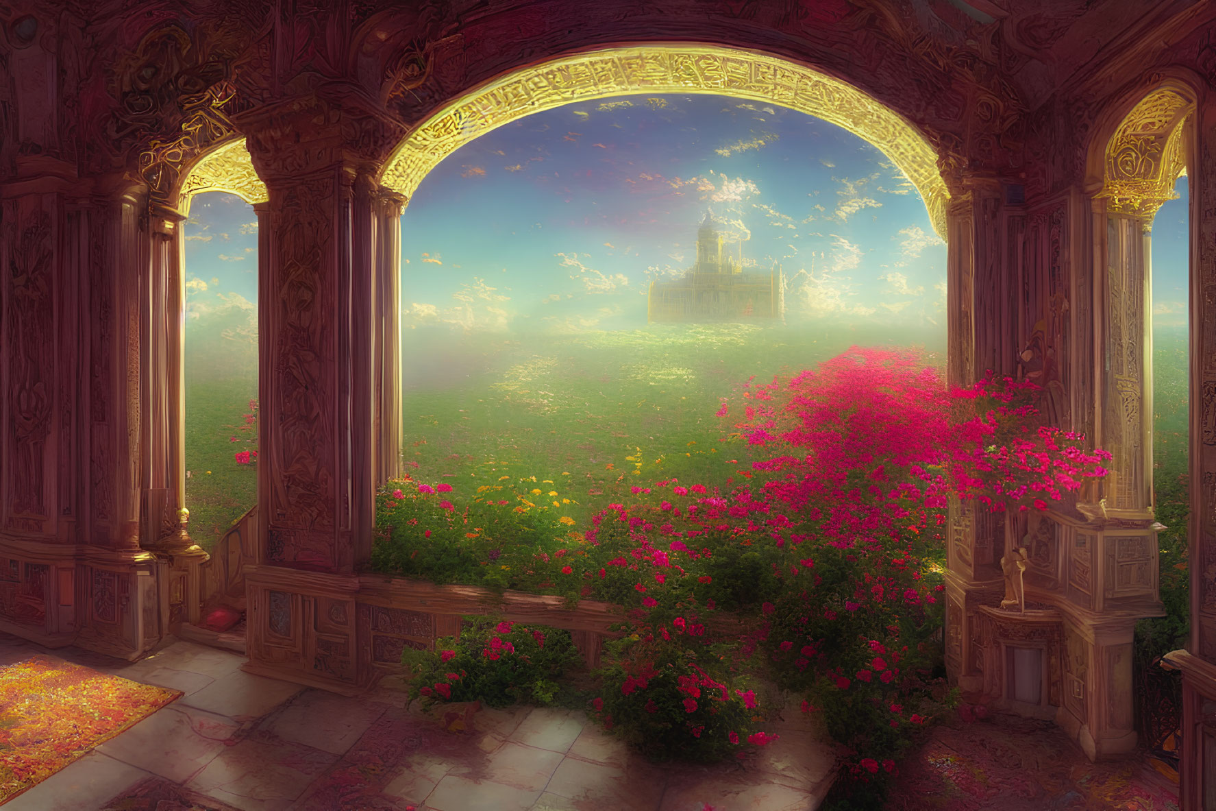 Ornate balcony overlooking vibrant garden and distant castle in misty landscape