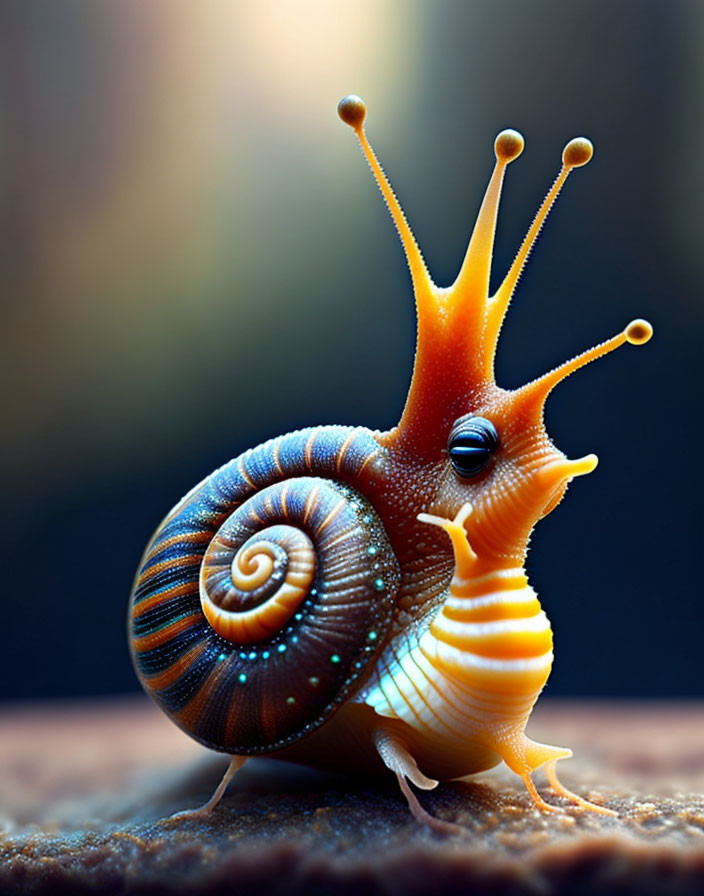 Colorful Spiral Shell Snail on Surface with Soft-focus Background