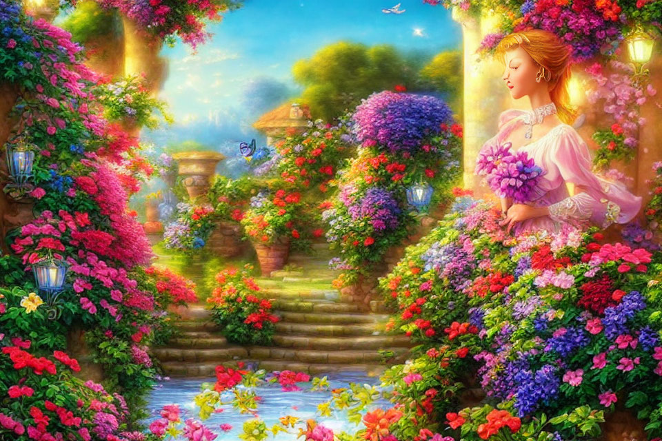 Woman in pink dress in vibrant garden with flowers and butterflies