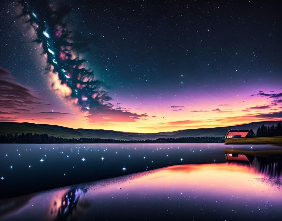 Tranquil lake under Milky Way galaxy with serene landscape