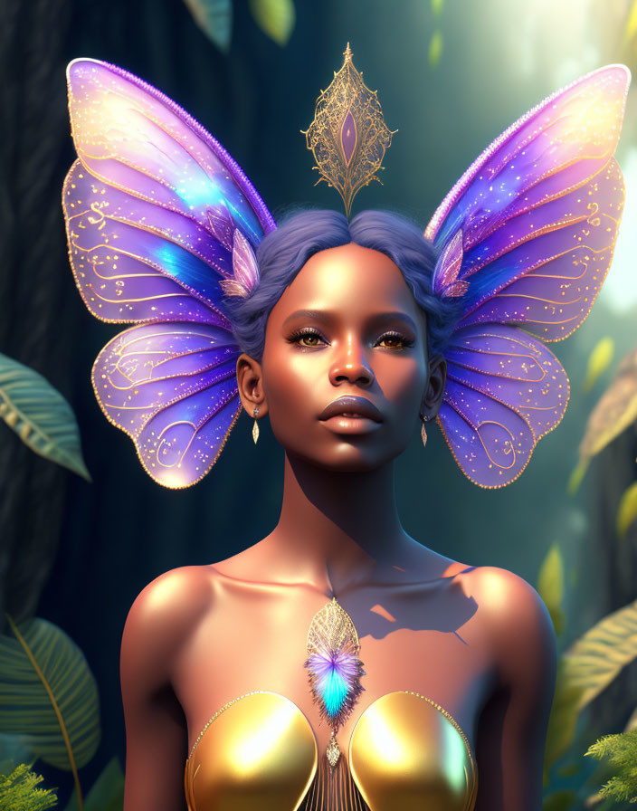 Fantasy character with purple butterfly wings in golden attire and crown in forest setting