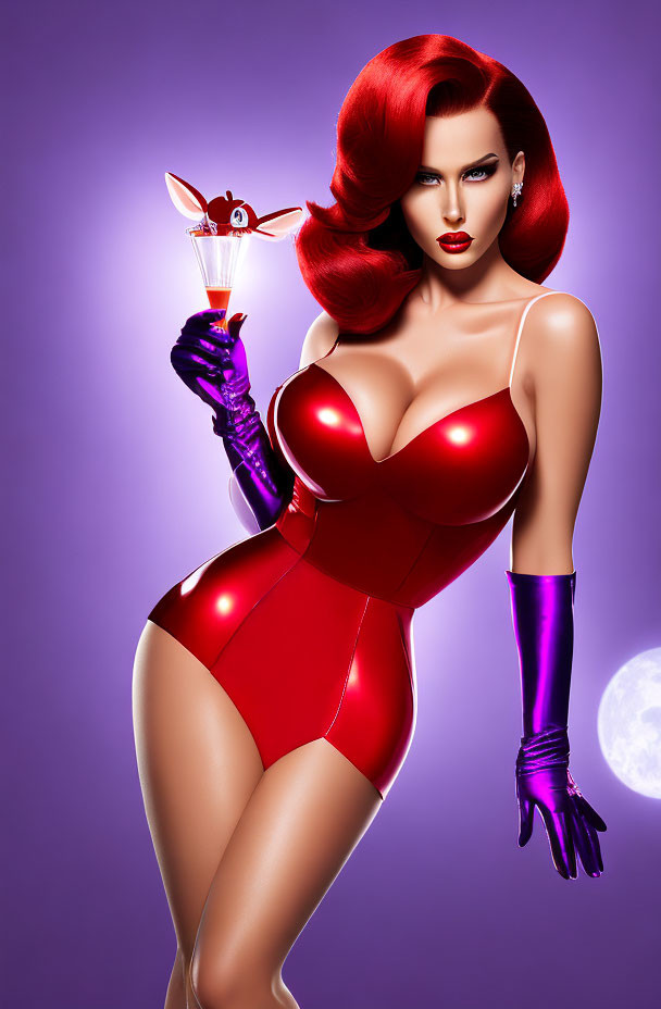 Vibrant red-haired woman in red bodysuit with cocktail and cartoon character on purple background