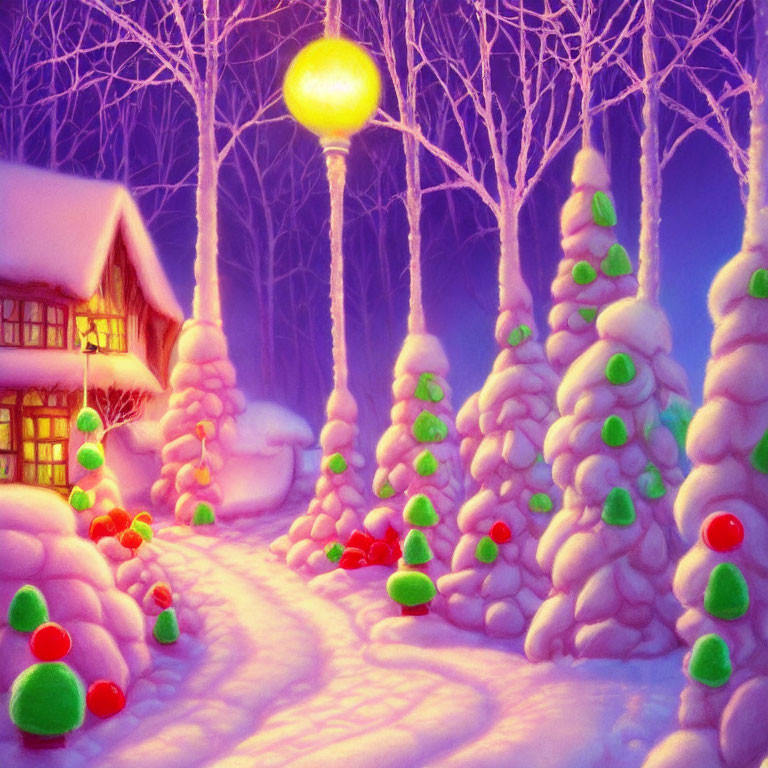 Winter Scene with Cozy House, Snow-Covered Trees, Path, Ornaments, and Warm