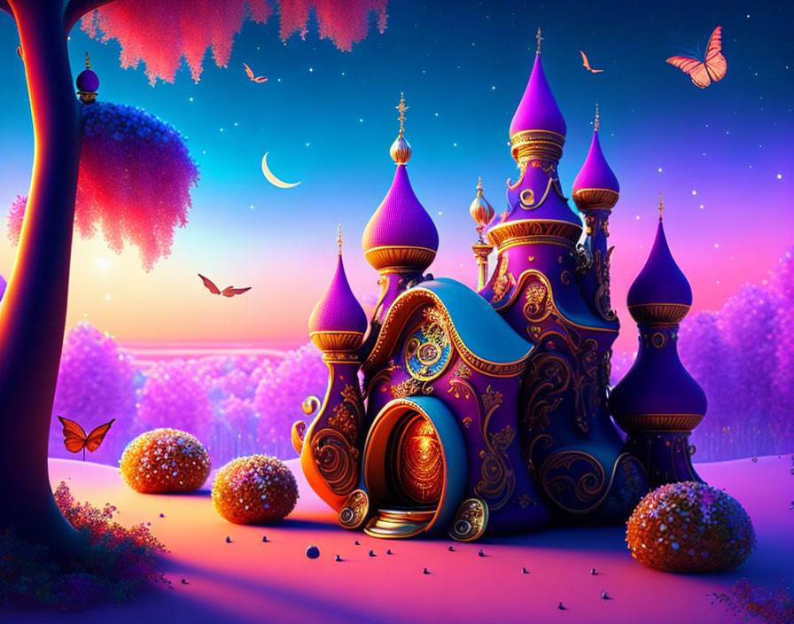 Fantasy landscape with ornate castle, whimsical trees, crescent moon, and butterflies