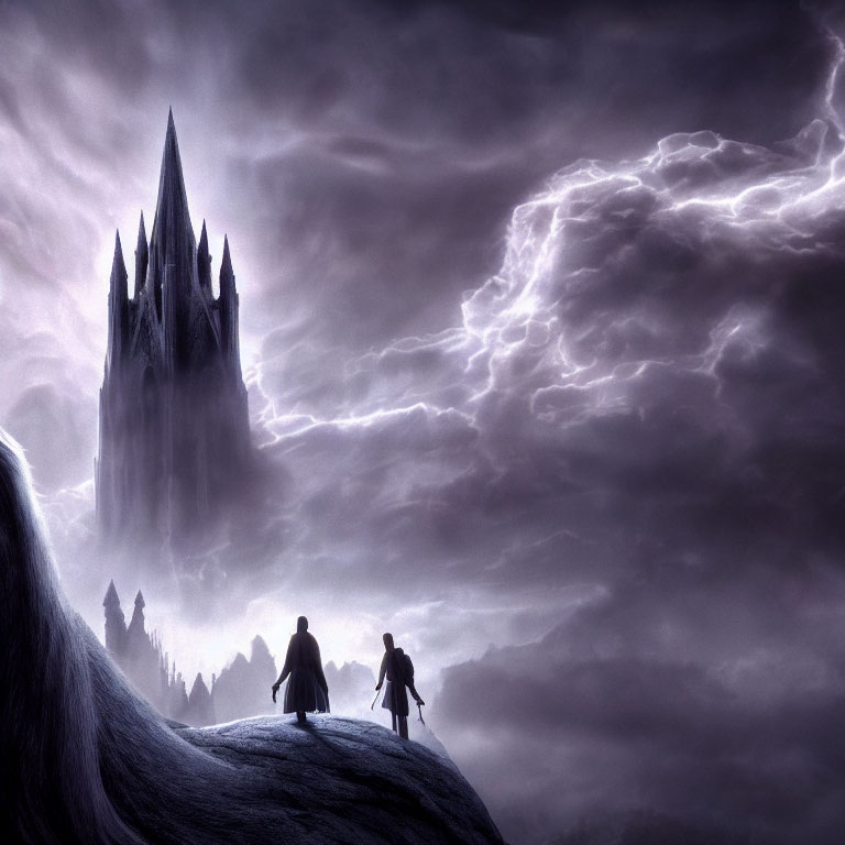 Gothic castle on cliff under stormy sky with lightning and silhouetted figures